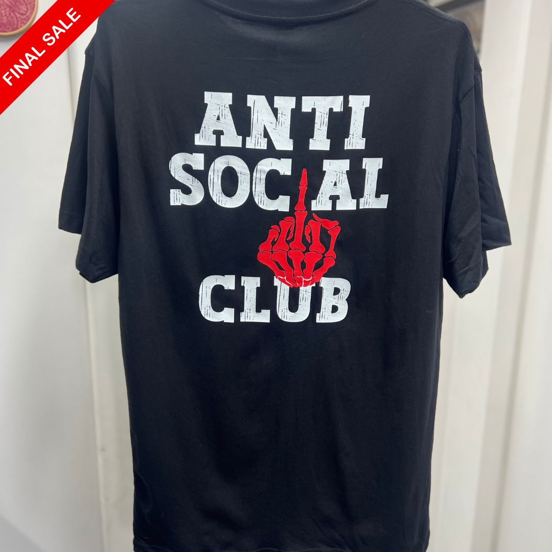 Black t-shirt with 'Anti Social Club' text and red hand gesture on a white background