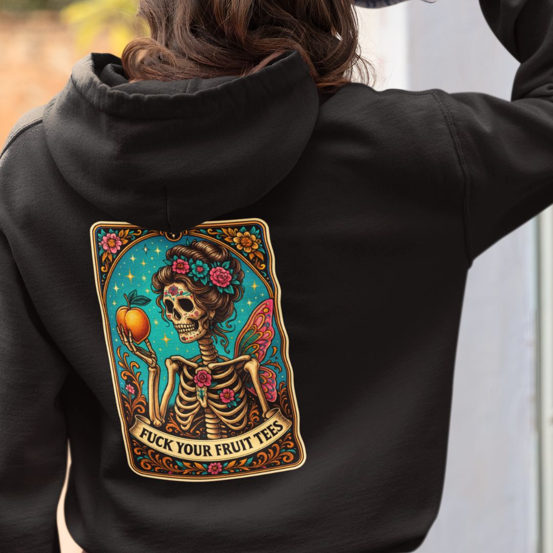 Black hoodie with a colorful skeleton design on the back
