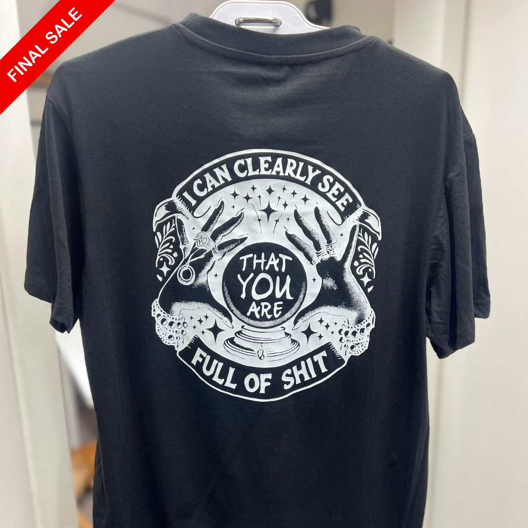 Black t-shirt with white graphic and text on a hanger