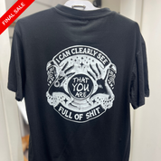 Black t-shirt with white graphic and text on a hanger