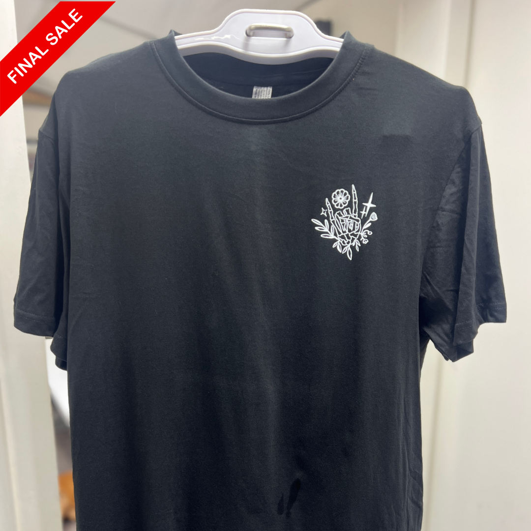 Black t-shirt with a white logo on a hanger against a neutral background