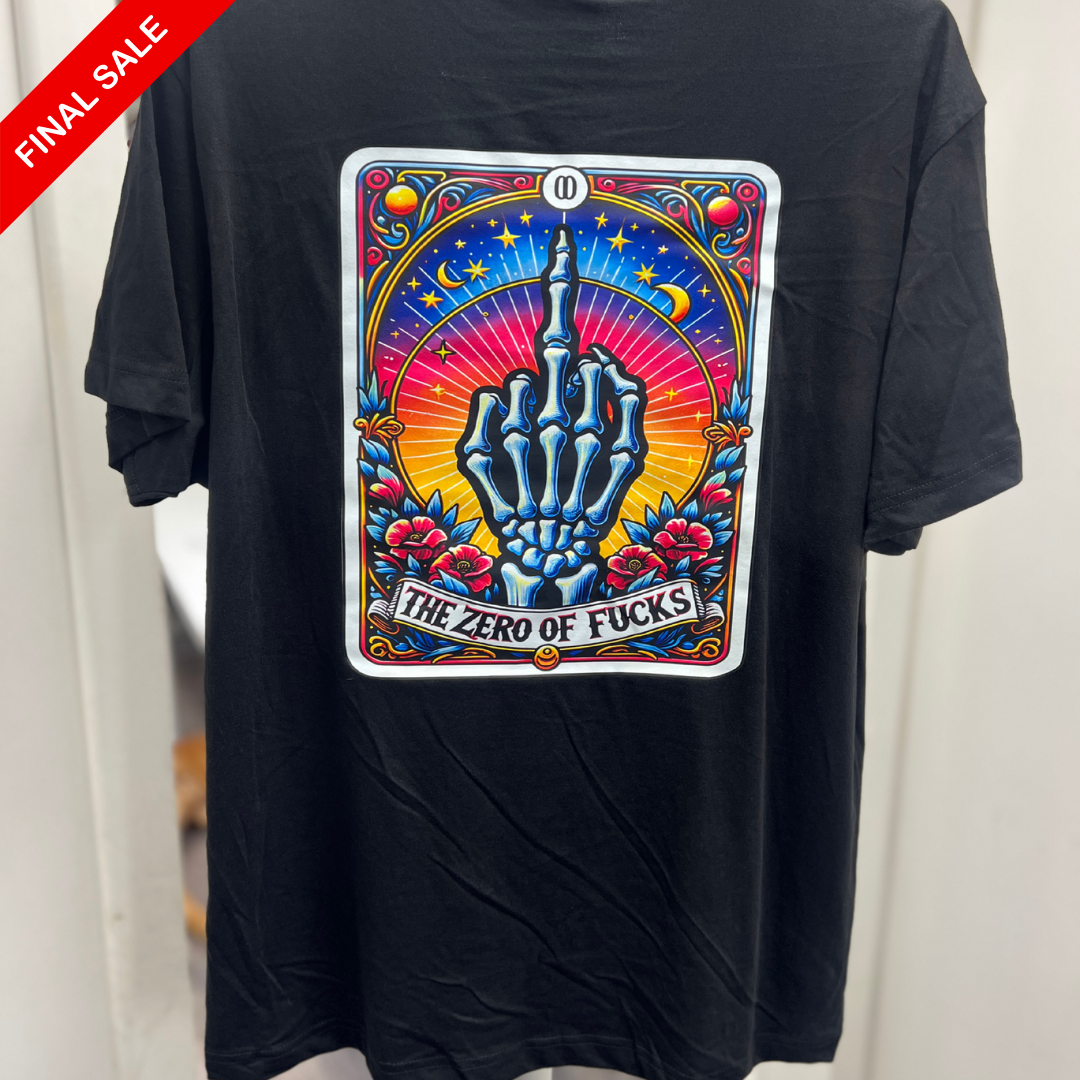 Black t-shirt with a colorful graphic design on the back, featuring text and a skeleton hand.