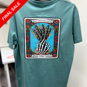 Teal t-shirt with a graphic design featuring a skeleton hand and text on a white background.