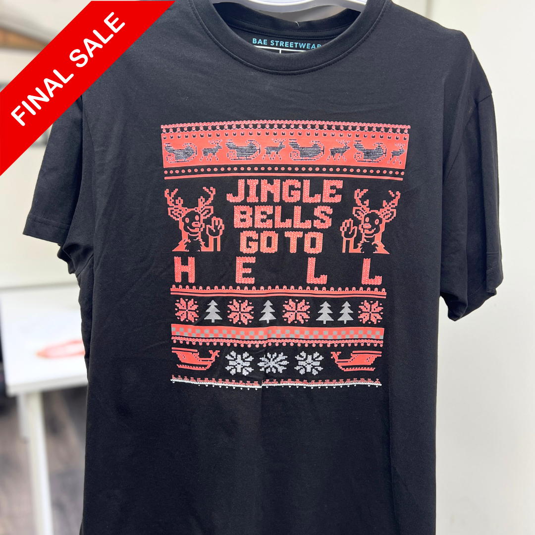 Black t-shirt with red and white graphic design and 'Jingle Bells Go to Hell' text on a plain background.