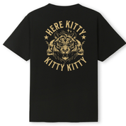 A black short-sleeve t-shirt with a large distressed gold graphic on the back featuring a roaring tiger, two skulls, and the text 'HERE KITTY KITTY'.