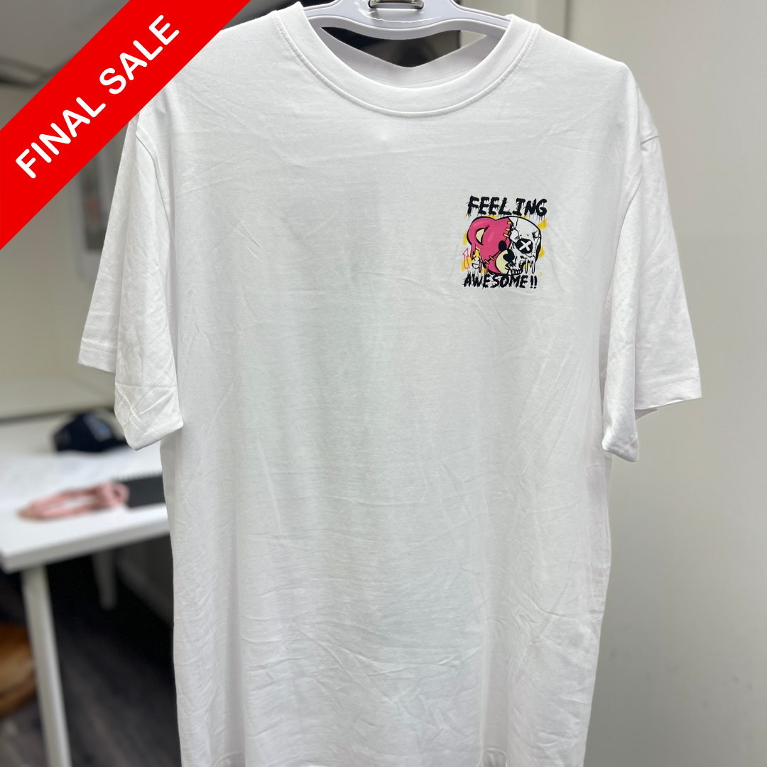 White t-shirt with a graphic design on a hanger, with 'Final Sale' label.