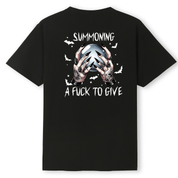 A black short-sleeve t-shirt with a graphic on the back featuring a skull, hands, bats, and white text reading 'SUMMONING A FUCK TO GIVE'.