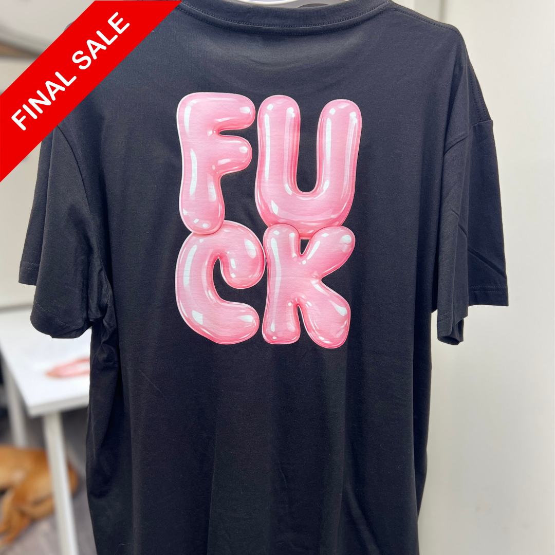 Black t-shirt with pink 'FUCK' graphic and 'FINAL SALE' label.