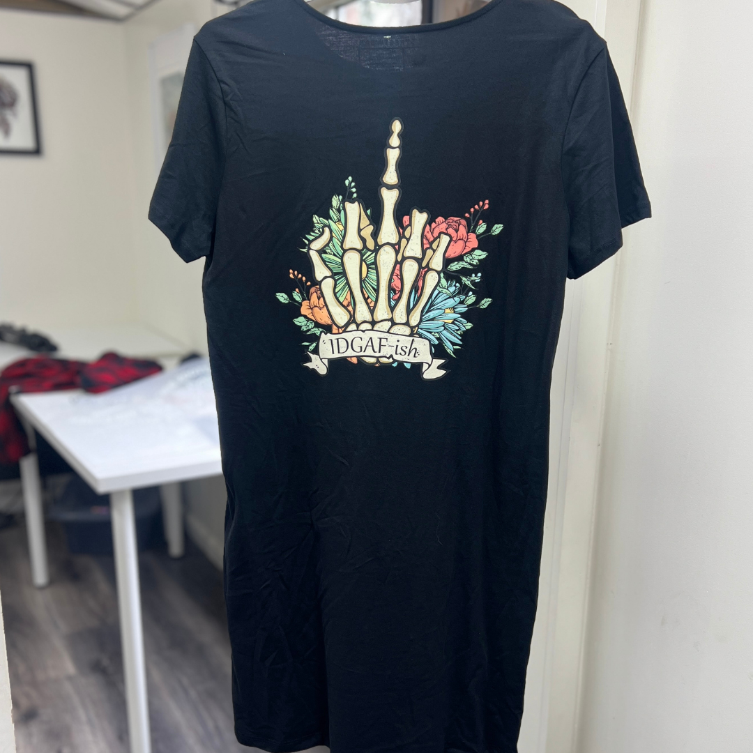 -Market Stash- IDGAF Skeleton Finger Tshirt Dress Medium (12)