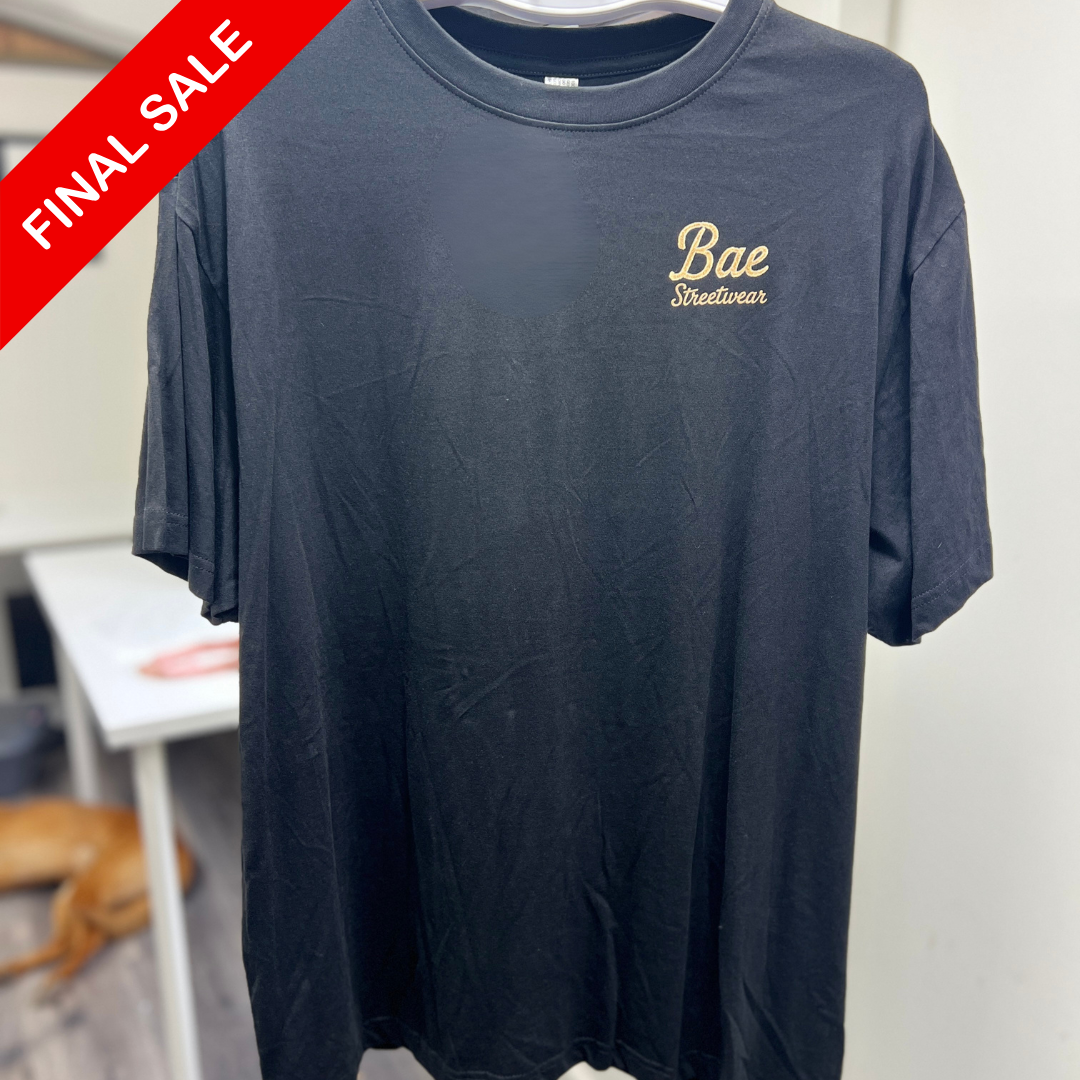 Navy blue t-shirt with 'Bae Streetwear' text on a plain background