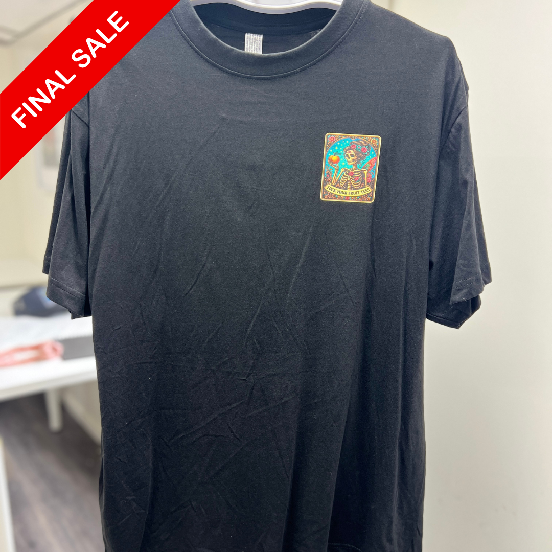 Black t-shirt with a colorful patch on a white background, with a red 'FINAL SALE' label.