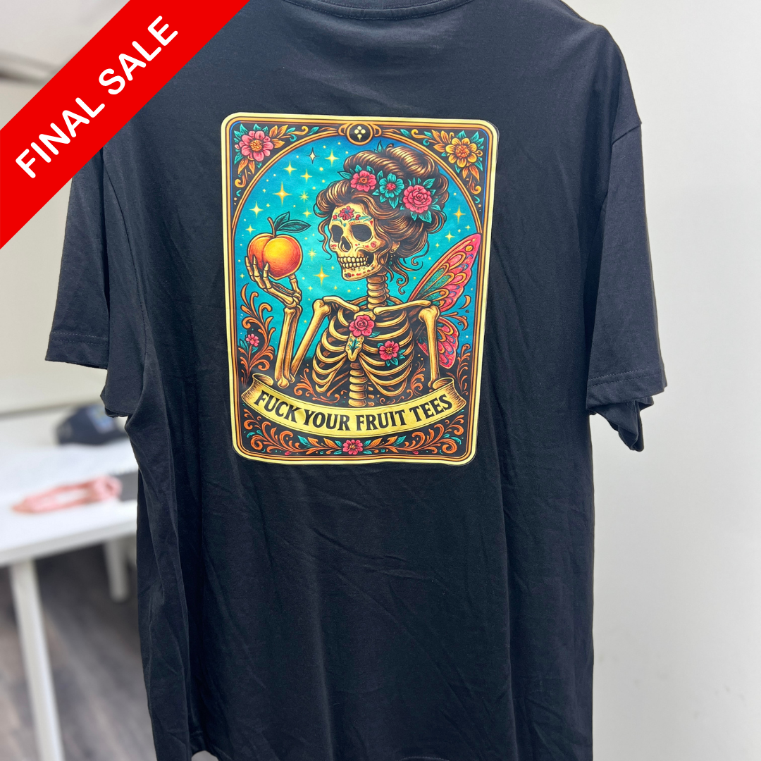 Black t-shirt with a colorful skeleton design and 'Final Sale' label.