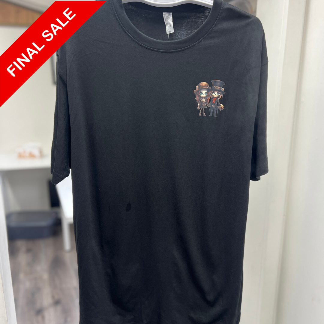 Black t-shirt with a graphic design on a hanger, with a 'Final Sale' label.