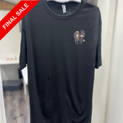 Black t-shirt with a graphic design on a hanger, with a 'Final Sale' label.