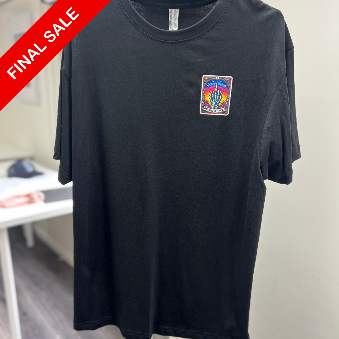 Black t-shirt with a colorful patch on a white background