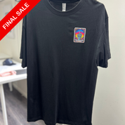 Black t-shirt with a colorful patch on a white background