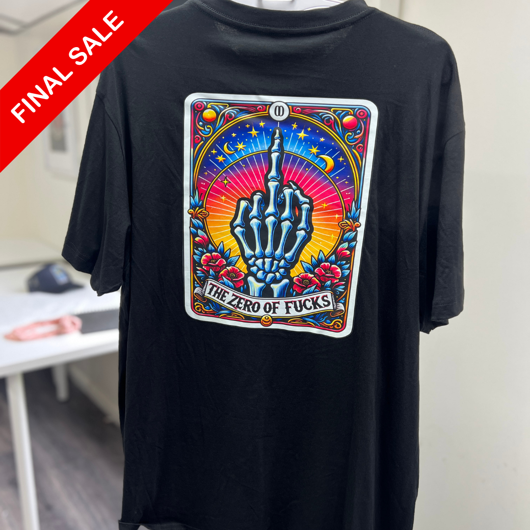 Black t-shirt with a colorful graphic design on a plain background