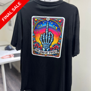 Black t-shirt with a colorful graphic design on a plain background