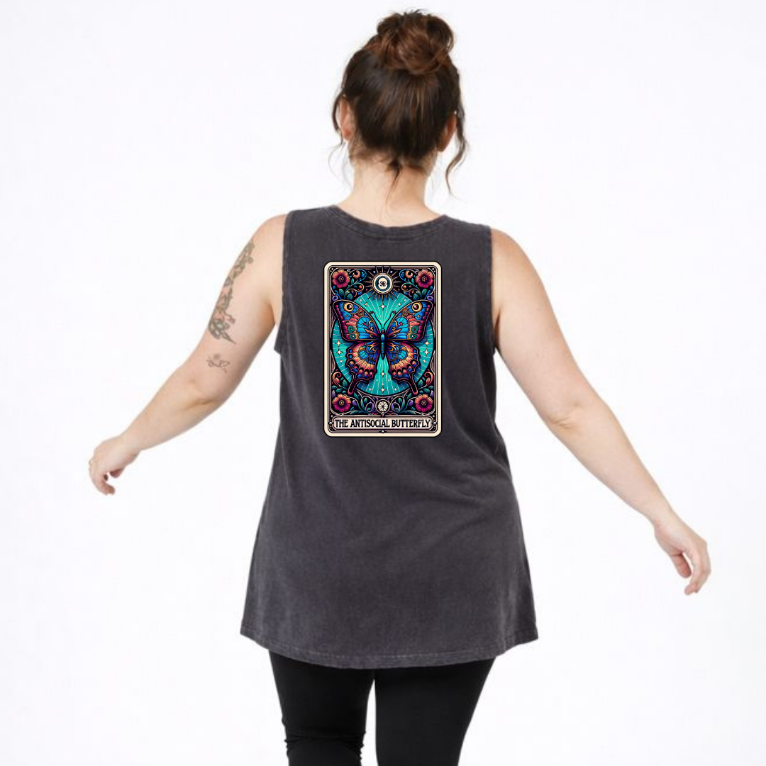 Person wearing a dark gray sleeveless shirt with a colorful butterfly design on the back, on a white background.
