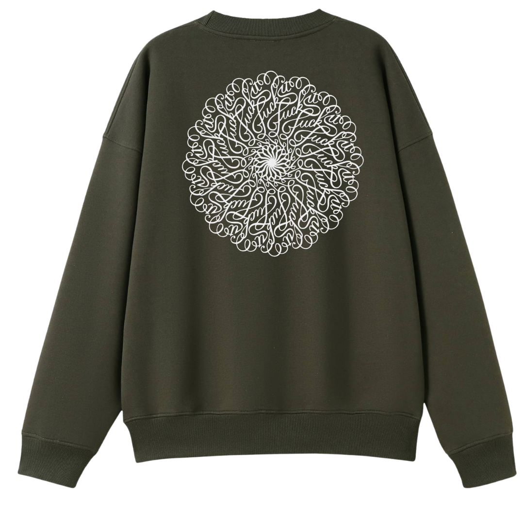 An oversized crewneck sweatshirt in dark olive green, featuring a large white circular mandala graphic printed on the back.