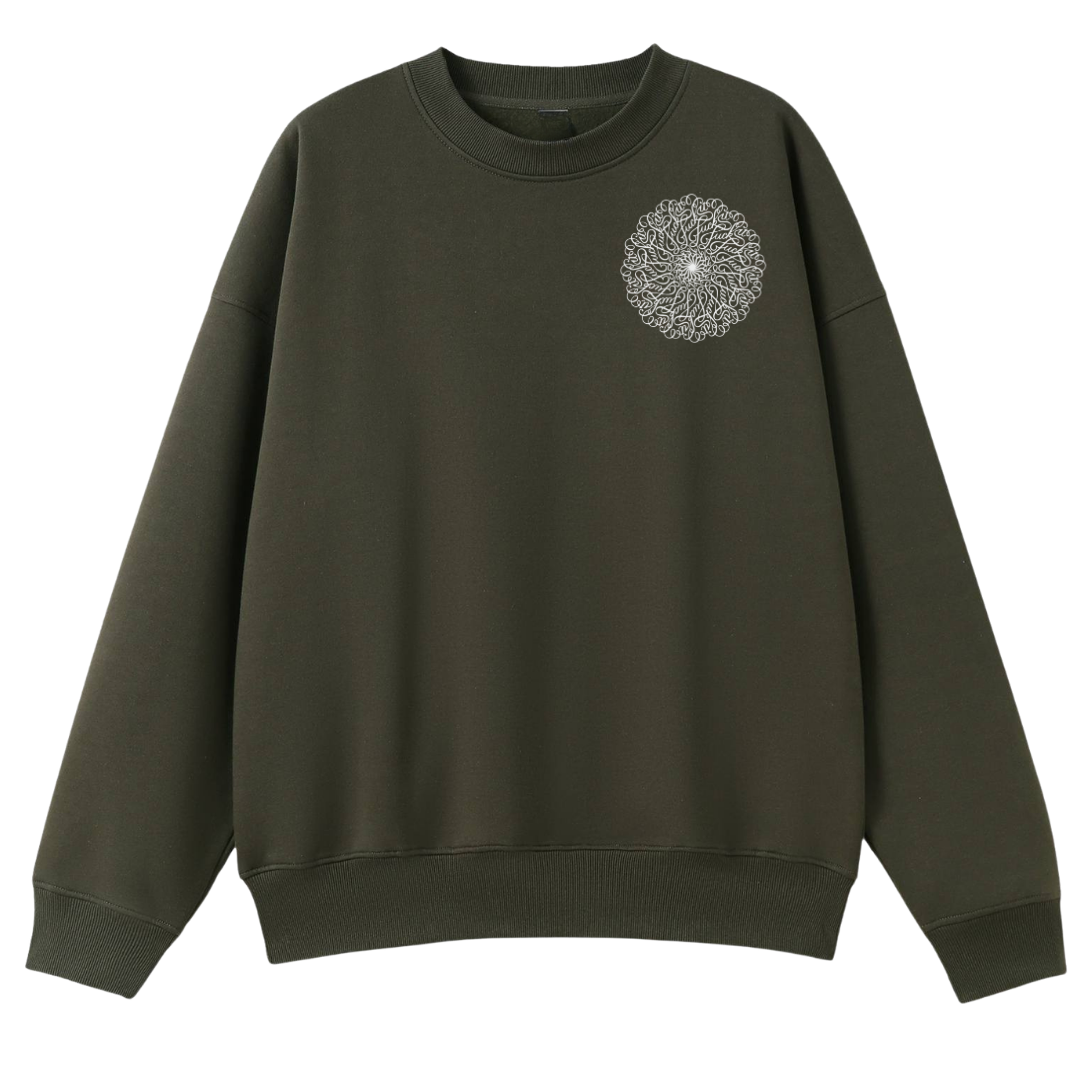 An olive green crewneck sweatshirt with a white mandala graphic printed on the left chest, displayed against a solid white background.