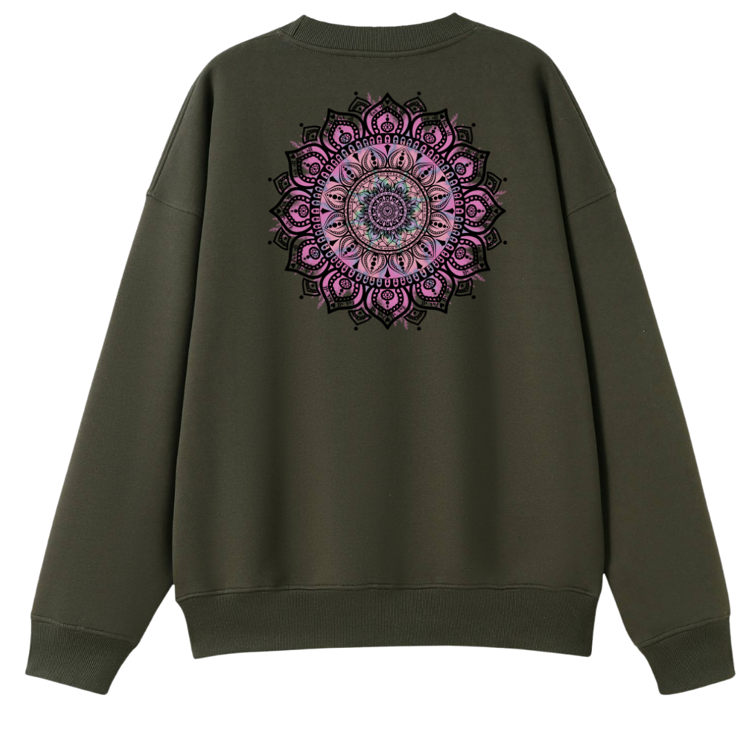 An olive green crewneck sweatshirt shown from the back, featuring a large, detailed circular mandala graphic in shades of pink, purple, and black on the upper back.