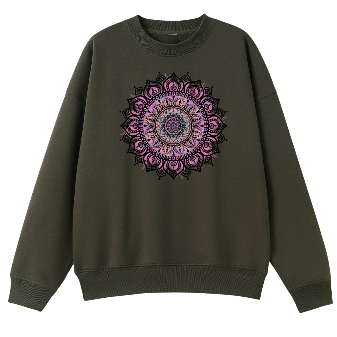 An olive green crewneck sweatshirt featuring a large, detailed mandala graphic printed on the chest in shades of purple, pink, and black.