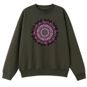 An olive green crewneck sweatshirt featuring a large, detailed mandala graphic printed on the chest in shades of purple, pink, and black.