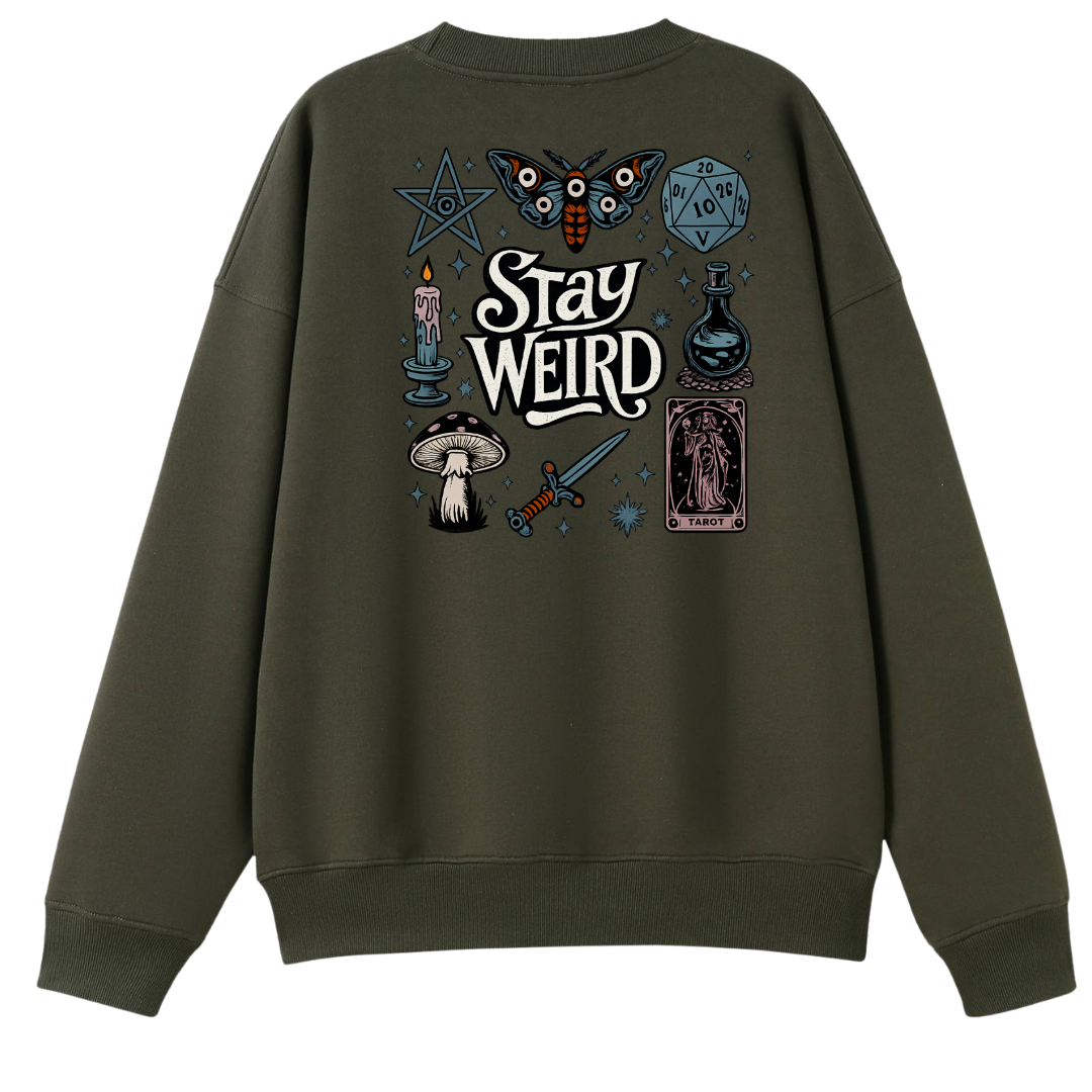 An olive green crewneck sweatshirt featuring a detailed graphic print on the back with occult-themed illustrations and the text 'Stay WEIRD'.