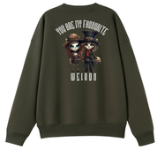 An olive green crewneck sweatshirt shown from the back, featuring a graphic of two cartoon skeleton characters with the text 'YOU ARE MY FAVOURITE WEIRDO'.
