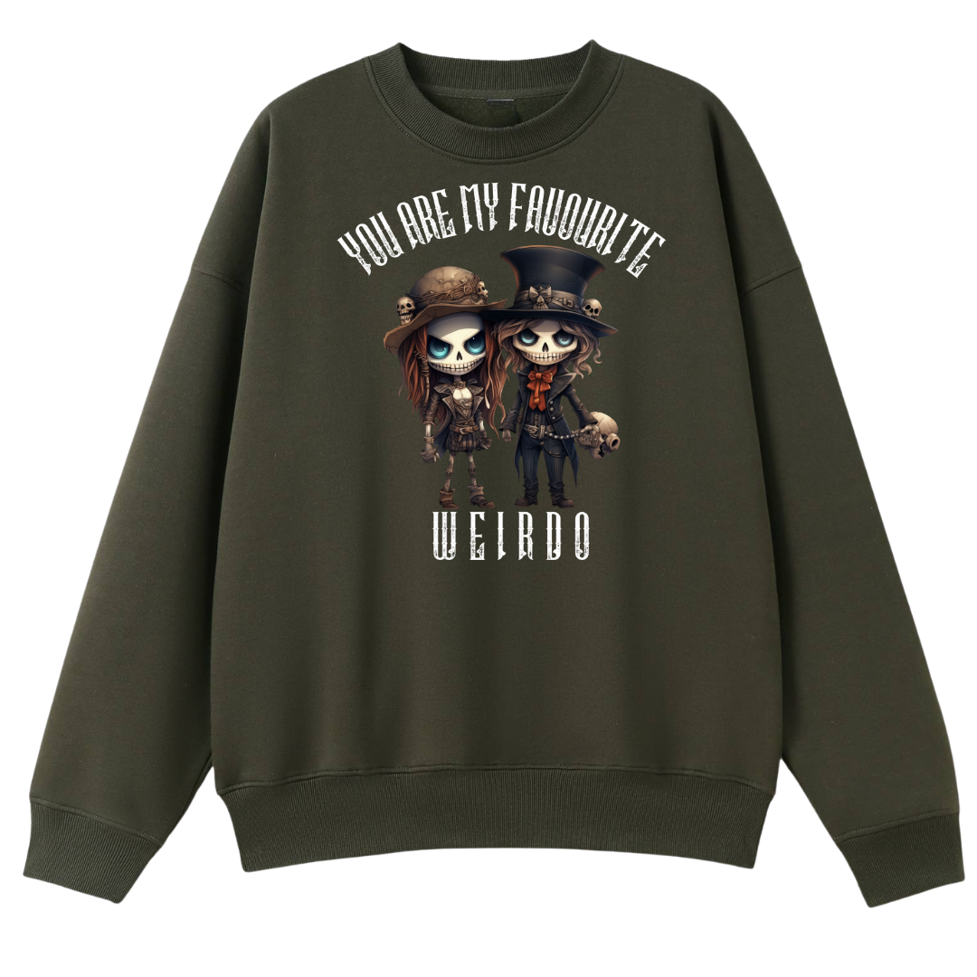 An olive green crewneck sweatshirt featuring a graphic print of two chibi skeleton characters with top hats and the text 'YOU ARE MY FAVOURITE WEIRDO'.