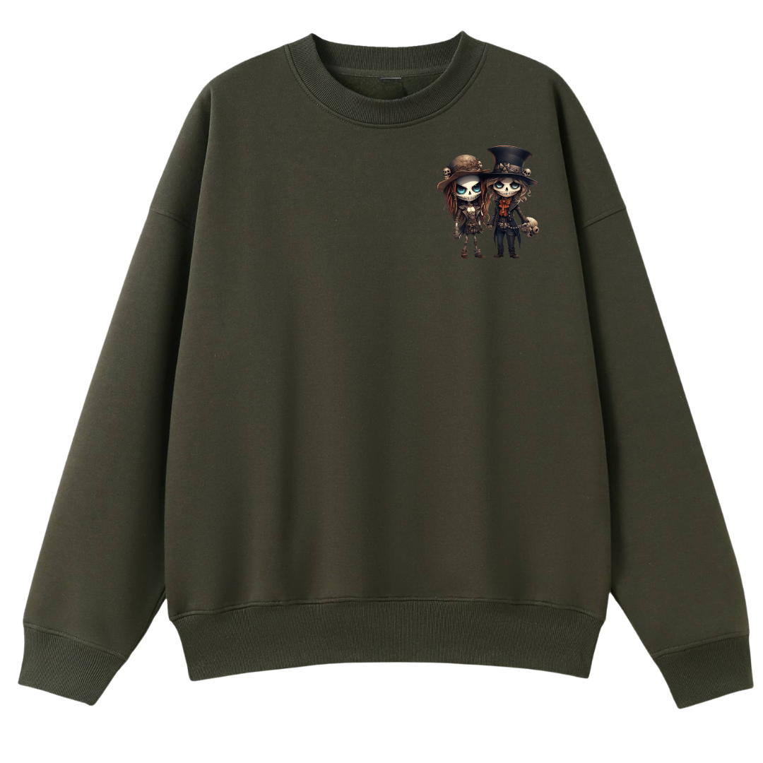 An olive green crewneck sweatshirt with a small graphic print of two cartoon characters on the left chest, displayed against a solid white background.