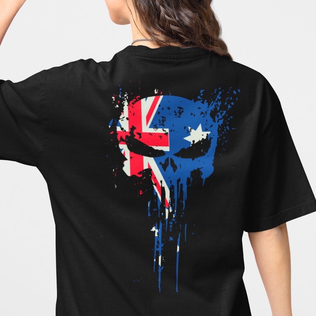 Black t-shirt with a skull design incorporating the Australian flag on the back.