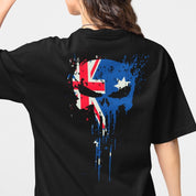 Black t-shirt with a skull design incorporating the Australian flag on the back.