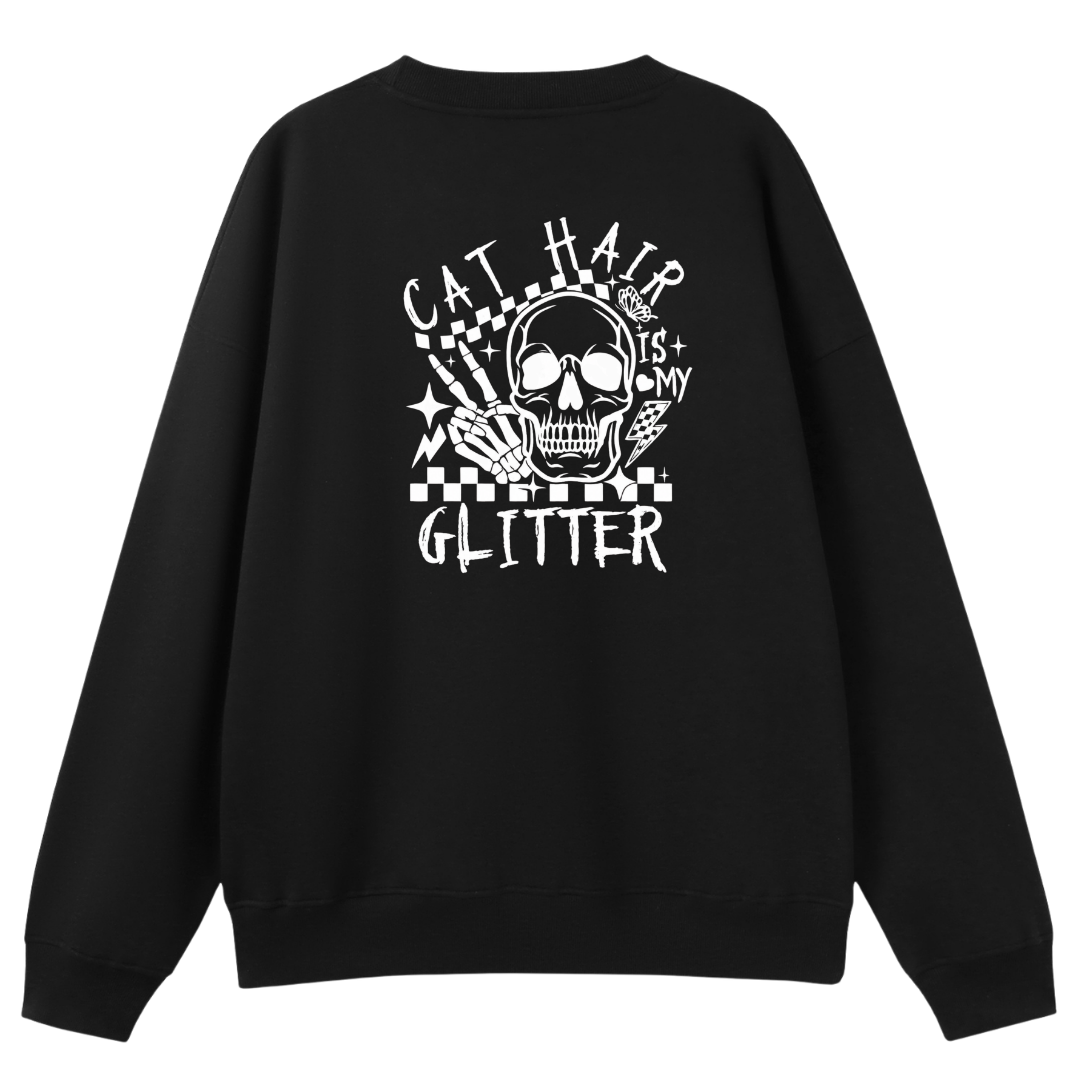 Black sweatshirt with a skull design and text on the back against a white background