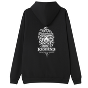 A black pullover hoodie shown from the back, featuring a large white graphic print of Medusa with the text 'DEAD Pedophiles DON'T REOFFEND' and 'PROTECTING ALL CHILDREN' on a plain white background.