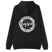 A black pullover hoodie shown from the back, featuring a large white circular graphic print with the text 'WHISPER WTF TO myself LIKE 20 TIMES EVERY DAY' on a plain white background.