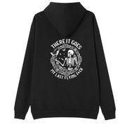 A black pullover hoodie shown from the back, featuring a large white graphic print of a skeleton inside an ornate circular frame with the text 'THERE IT GOES' above and 'MY LAST FLYING F*CK' below.