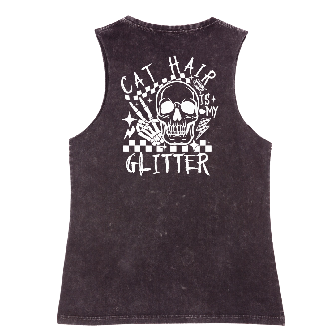 Black sleeveless shirt with a skull design and text on the back against a white background