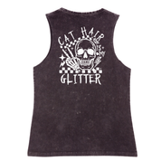 Black sleeveless shirt with a skull design and text on the back against a white background