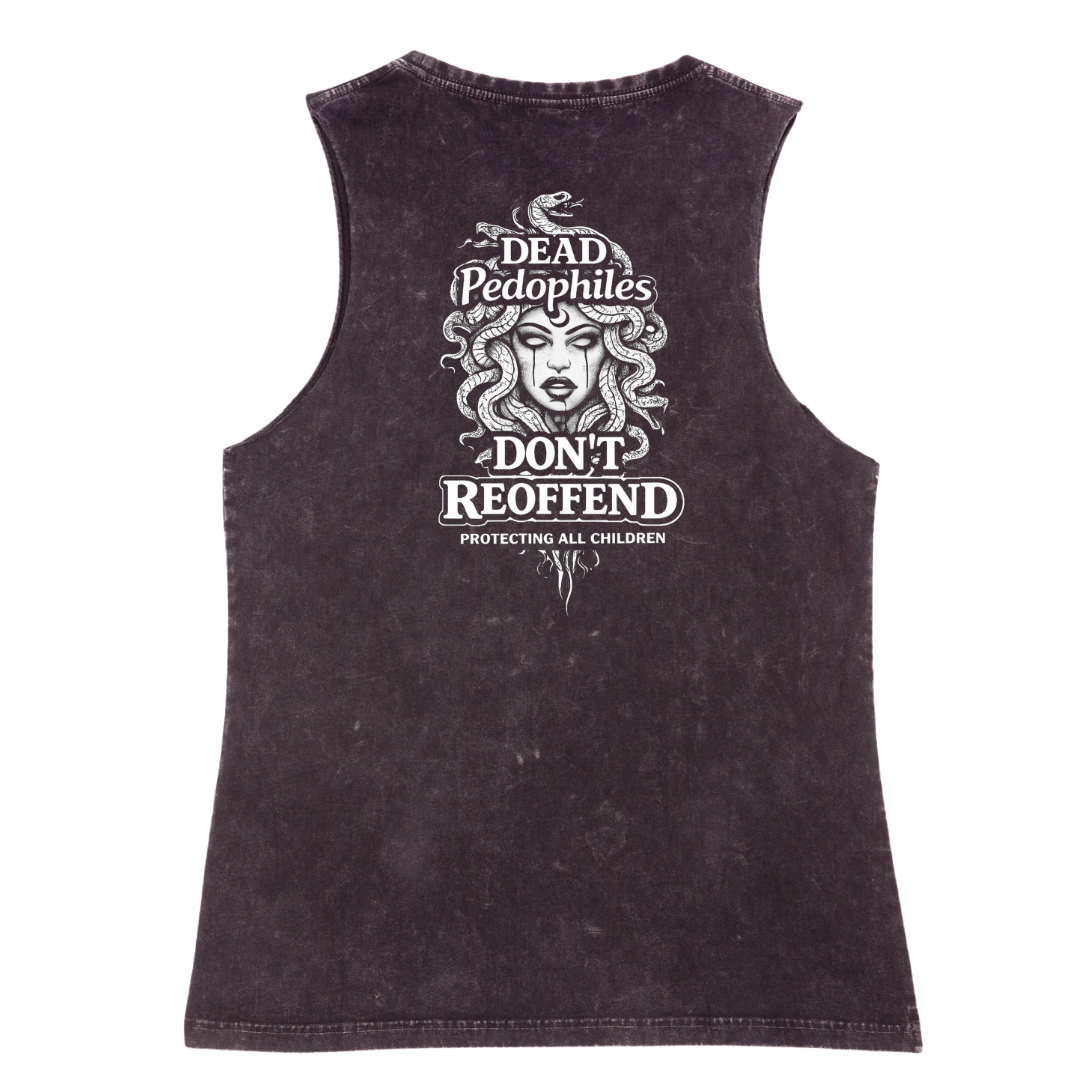 Black sleeveless shirt with white graphic and text on a white background