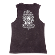 Black sleeveless shirt with white graphic and text on a white background