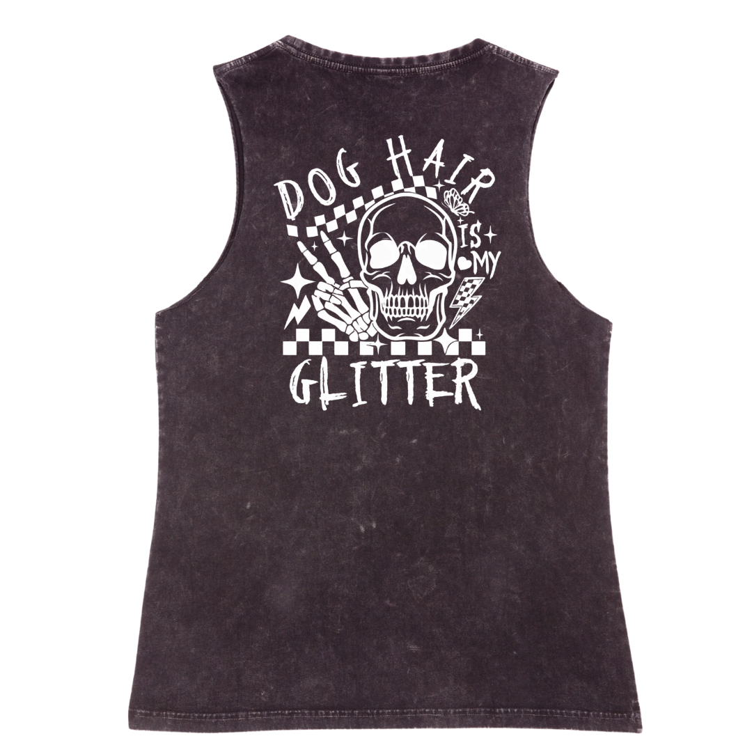 Black sleeveless shirt with a skull design and text on a white background