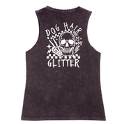 Black sleeveless shirt with a skull design and text on a white background