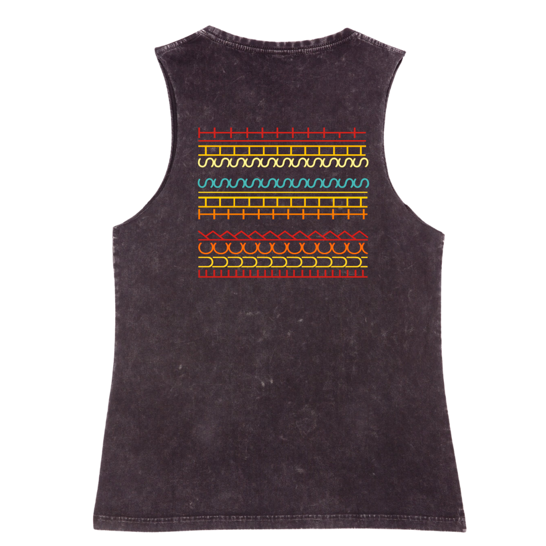 Black sleeveless shirt with colorful geometric pattern on the back against a white background