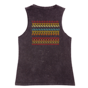 Black sleeveless shirt with colorful geometric pattern on the back against a white background