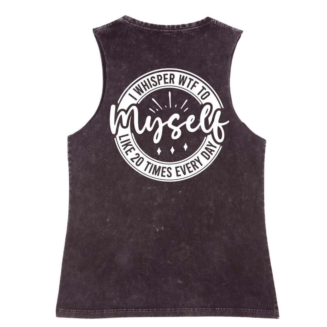 Black sleeveless shirt with white text on a white background