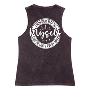 Black sleeveless shirt with white text on a white background
