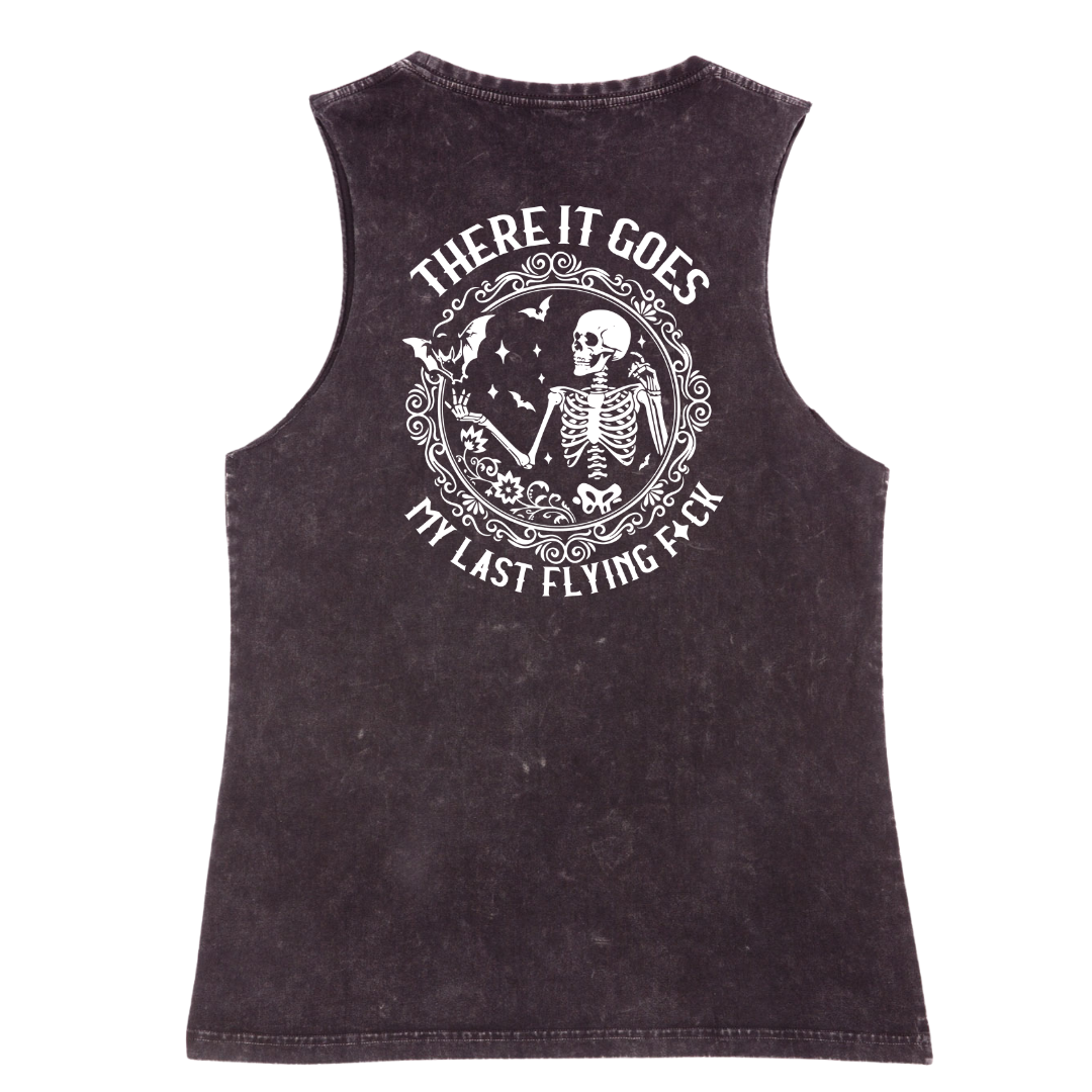 Black sleeveless shirt with a skeleton design and text on the back against a white background