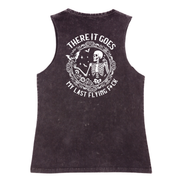 Black sleeveless shirt with a skeleton design and text on the back against a white background